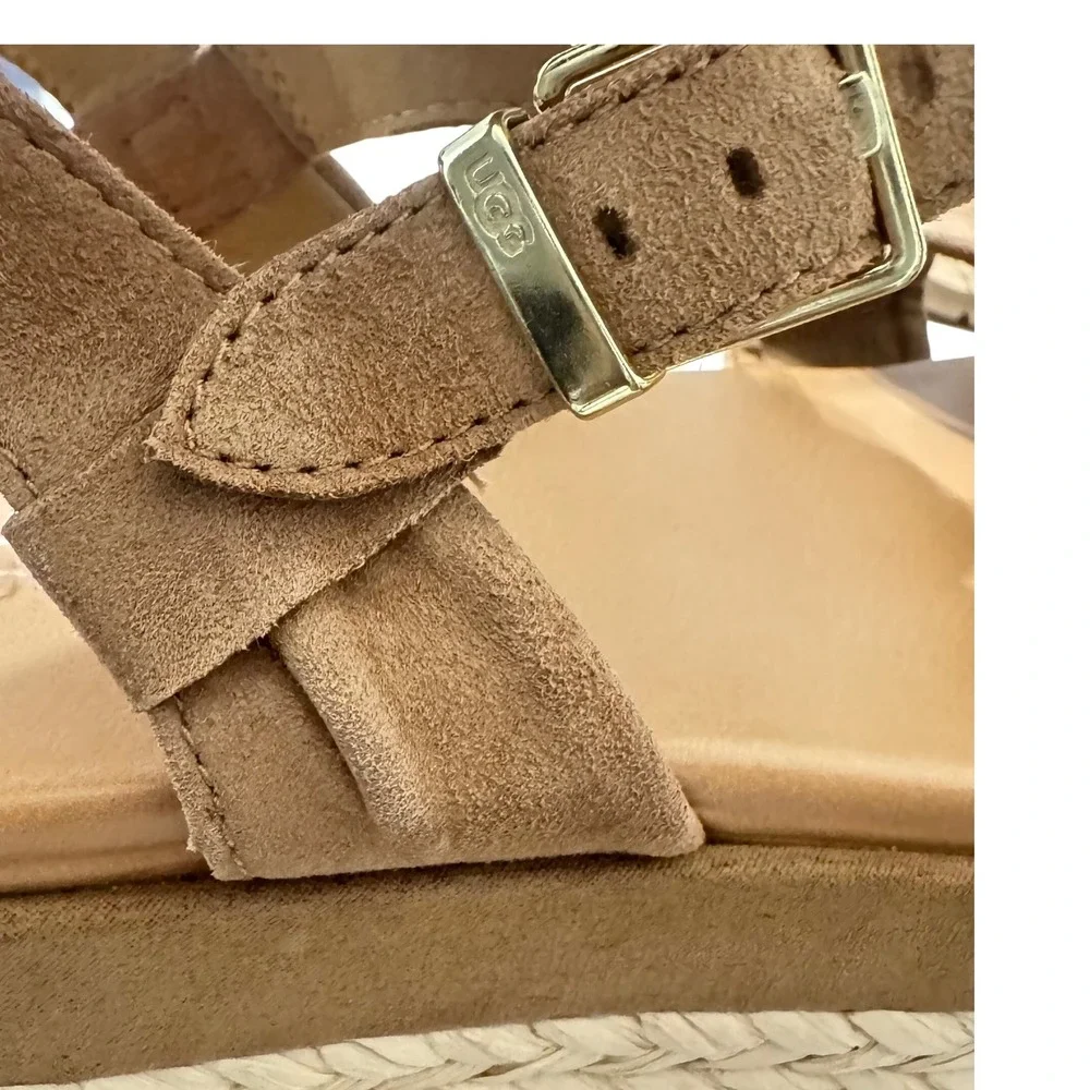 UGG Women Neusch‎ Espadrille Platform Sandals Tan Suede Knot Detail Size 11